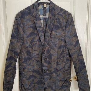 Burberry Blue and Gray Slim-Fit Blazer with Notched Lapel